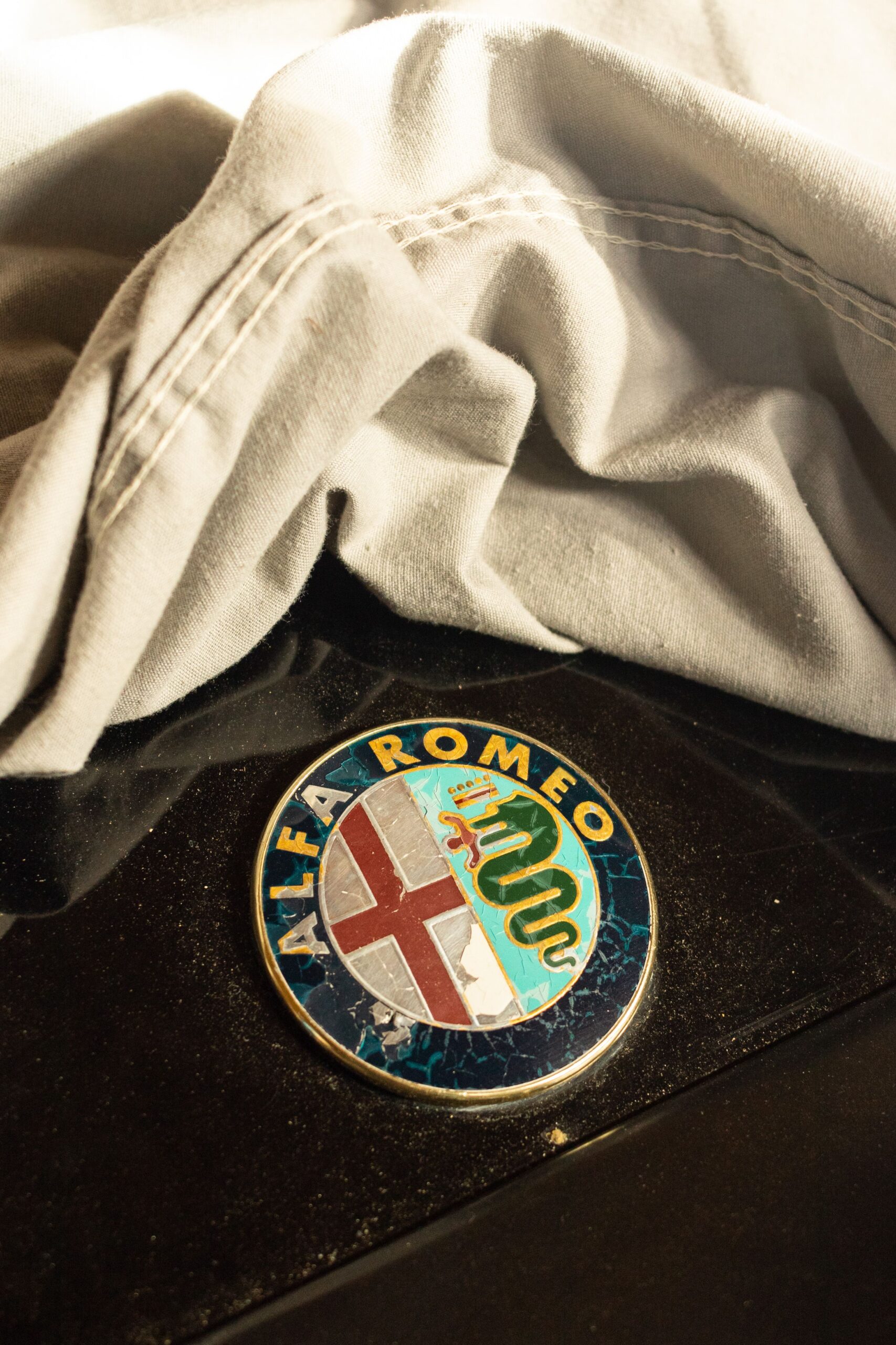 Detailed close-up of Alfa Romeo emblem on a car with fabric overlay.